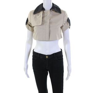 Akris Punto Women's Collared Short Sleeves Boxy Button Down Shirt Beige Size 8